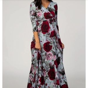 PinkBlush Grey Rose print maternity wrap dress